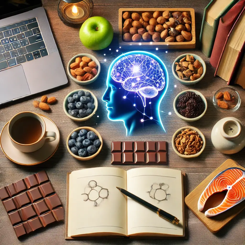 사람의 뇌를 중심으로 블루베리, 아몬드 등 있는 이미지