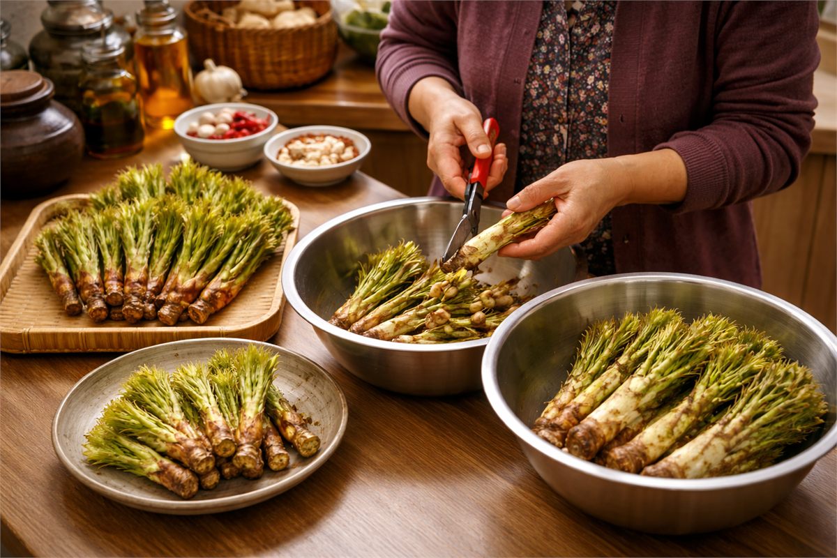 어린 순과 굵은 순을 나눠 손질하며 조리법을 구분하는 모습 