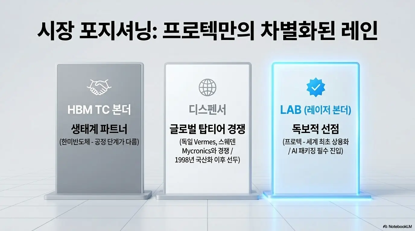 프로텍 주가 전망: 프로텍의 시장 포지셔닝을 세 영역으로 정리한 인포그래픽. HBM 적층용 본더는 한미반도체와 공정 단계가 다른 생태계 파트너 관계이고, 디스펜서는 독일과 스웨덴 업체와 경쟁하는 글로벌 선두이며, 레이저 본더는 세계 최초 상용화로 독보적 선점 지위를 가진다는 차별화 구도를 시각적으로 전달함