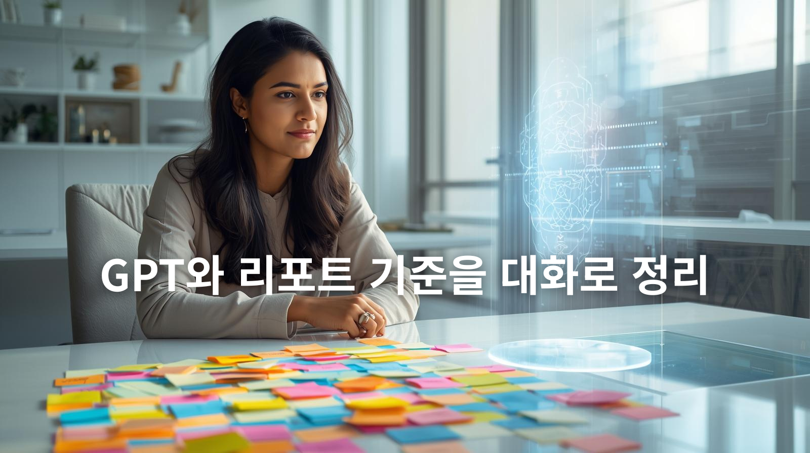사람과 AI 어시스턴트가 책상 위 메모지를 분류하며 리포트 구조를 잡는 모습