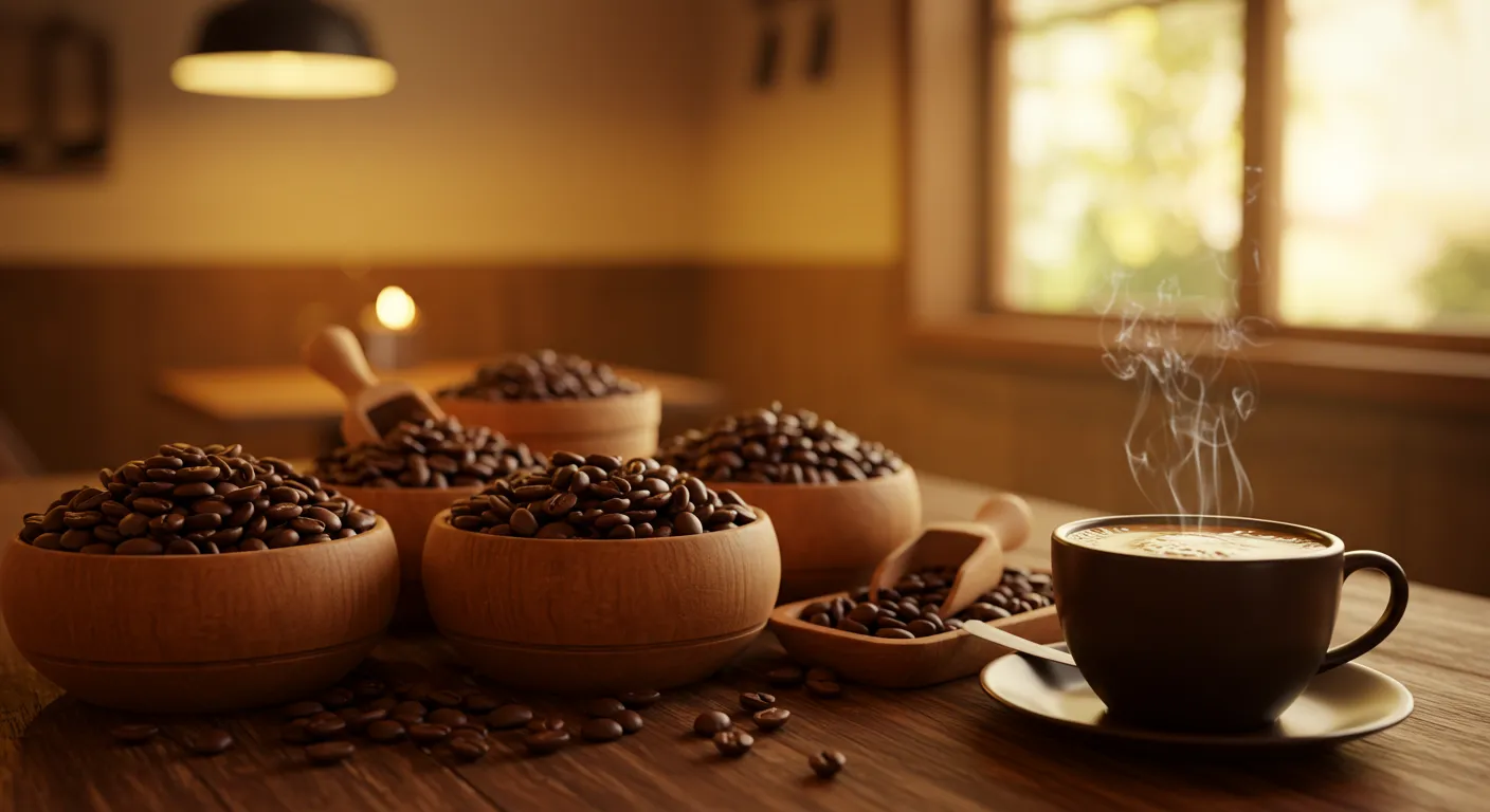 여러종류의 원두를 식탁위에 올려놓은 모습