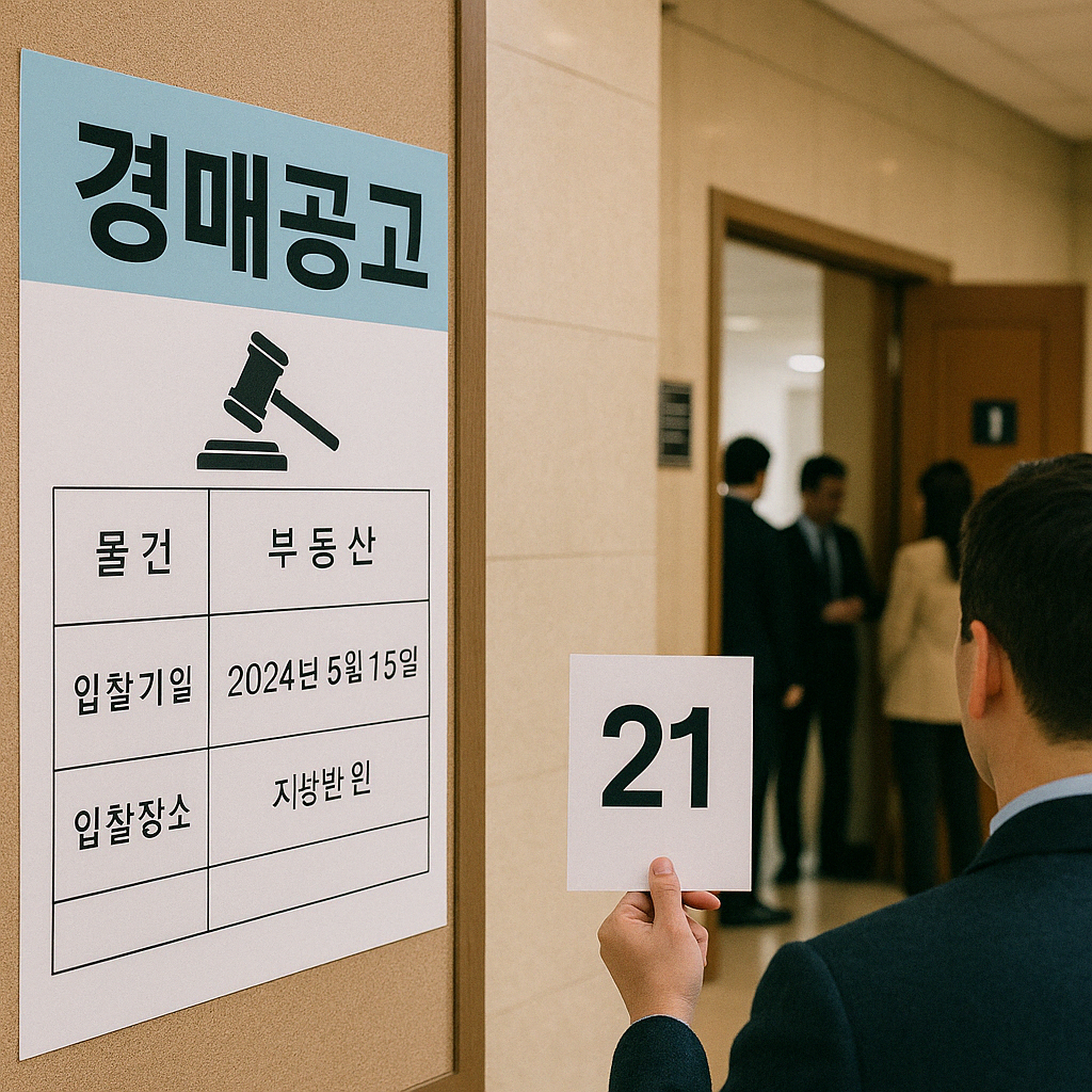 법원 경매 공고와 입찰 장면 연출 이미지