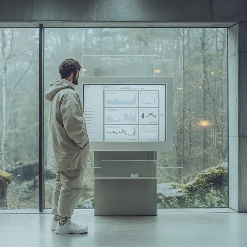투자가가 금융 그래프가 표시된 모니터를 집중적으로 보는 장면, 사업적 포부와 집중력이 느껴지며 현대적인 오피스 환경에서 촬영된 이미지