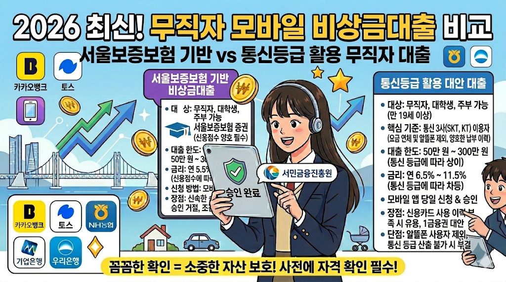 서울보증보험 카카오뱅크 비상금대출 및 통신등급 활용 1금융권 무직자 대출 비교표