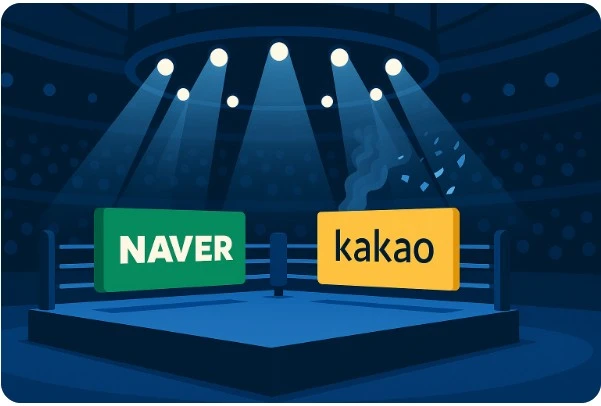네이버와 카카오 로고가 맞서는 핀테크 경쟁 일러스트