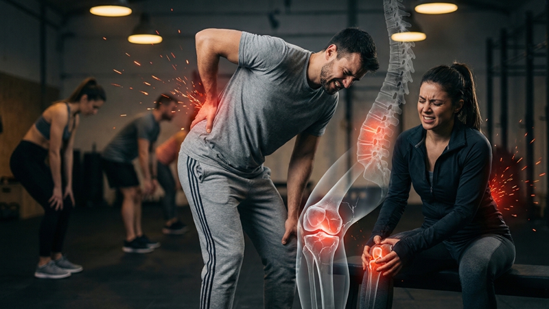 50대 이상 중년 남녀가 잘못된 운동 자세로 무릎과 허리 통증을 느끼는 모습. 관절 망가뜨리는 최악의 운동 동작에 대한 경고.