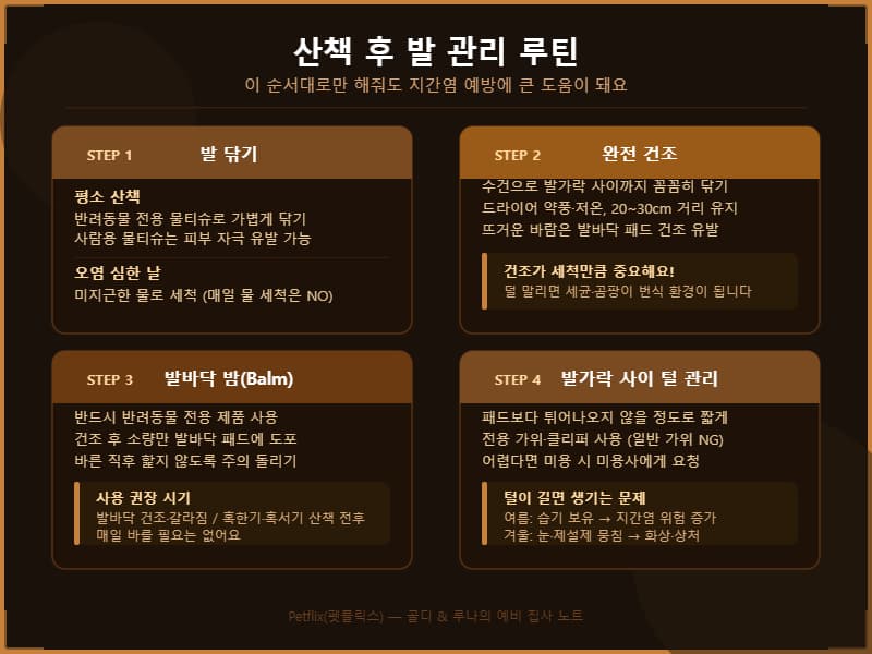 강아지 산책 후 발 관리 루틴. 발 닦기&middot;완전 건조&middot;발바닥 밤&middot;발가락 사이 털 관리 4단계 순서 정리 (펫플릭스 Petflix)