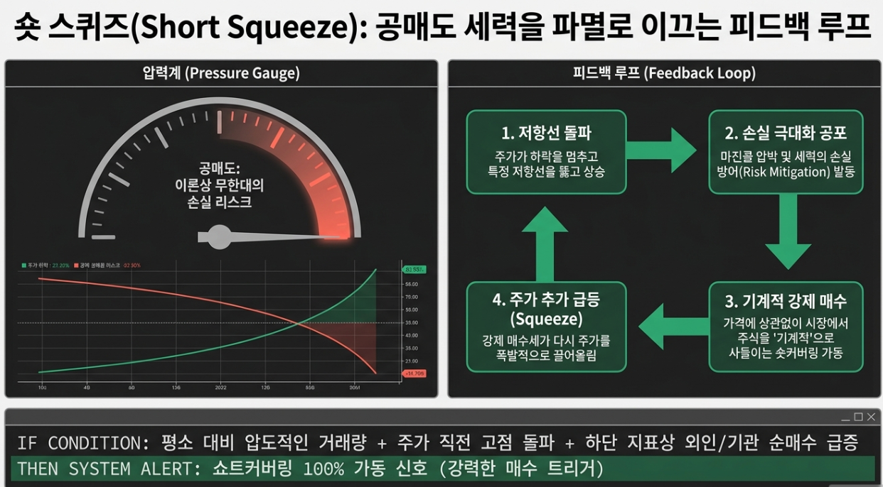 쇼트 스퀴즈 기계적 강제 매수세 발생 원리 및 폭발적 거래량 동반 장대양봉 분석