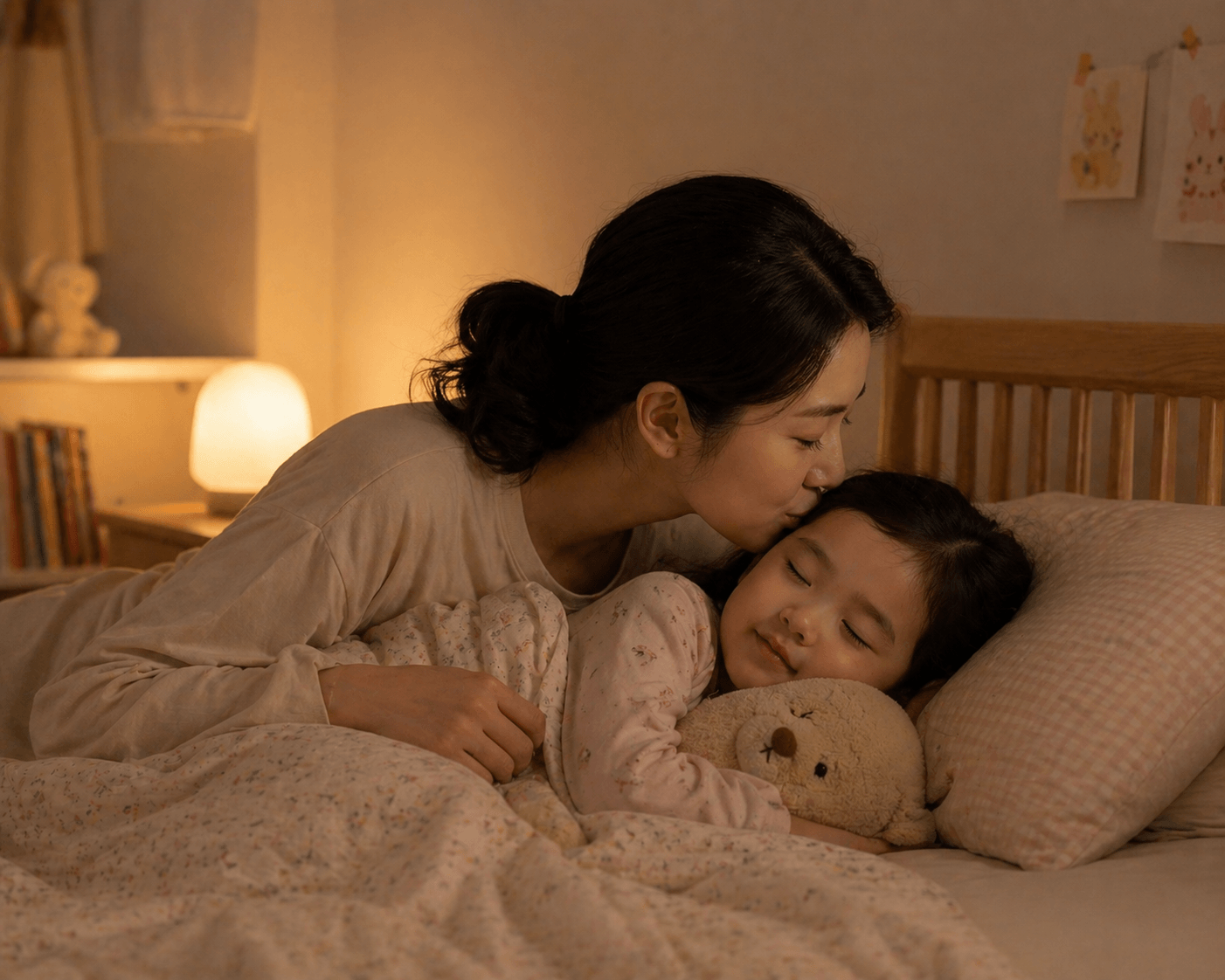 그림책 읽기 이후 조명을 낮추고 엄마가 아이에게 인사하는 모습