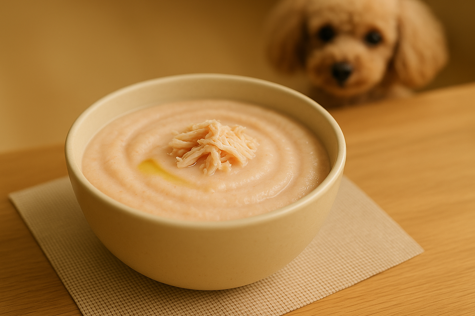 베이지 도자기 그릇에 크리미하게 곱게 으깬 감자 퓨레가 담겨 있고, 껍질과 가시를 제거한 찐 연어가 부드럽게 섞여 있다. 은은한 올리브 오일의 광택과 매끈한 질감이 노령견을 위한 소프트 주식임을 보여준다.