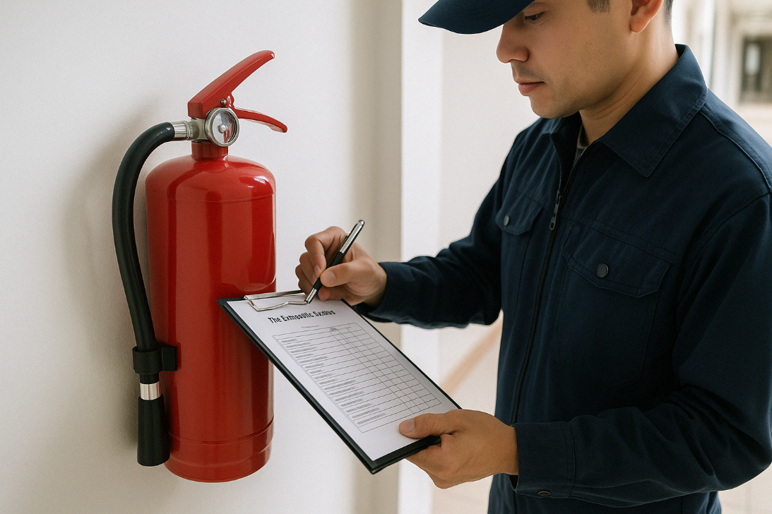 소화기 작동 여부를 체크하는 관리 직원의 모습