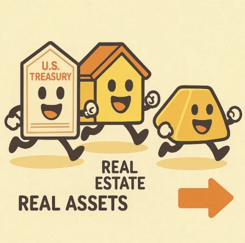 OUSG와 USDY 토큰 캐릭터가 스마트컨트랙트를 통과한 뒤 블록체인 플랫폼 위에 등장한 장면. RWA 토큰화 완료 상태를 상징함 (tokenized assets, OUSG, USDY, blockchain)