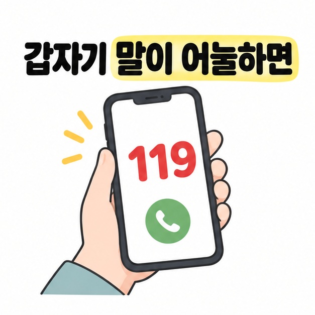 갑자기 말이 어눌하면이라는 문구 아래 손에 든 휴대전화 화면에 빨간색 119와 초록색 통화 아이콘이 표시된 그림