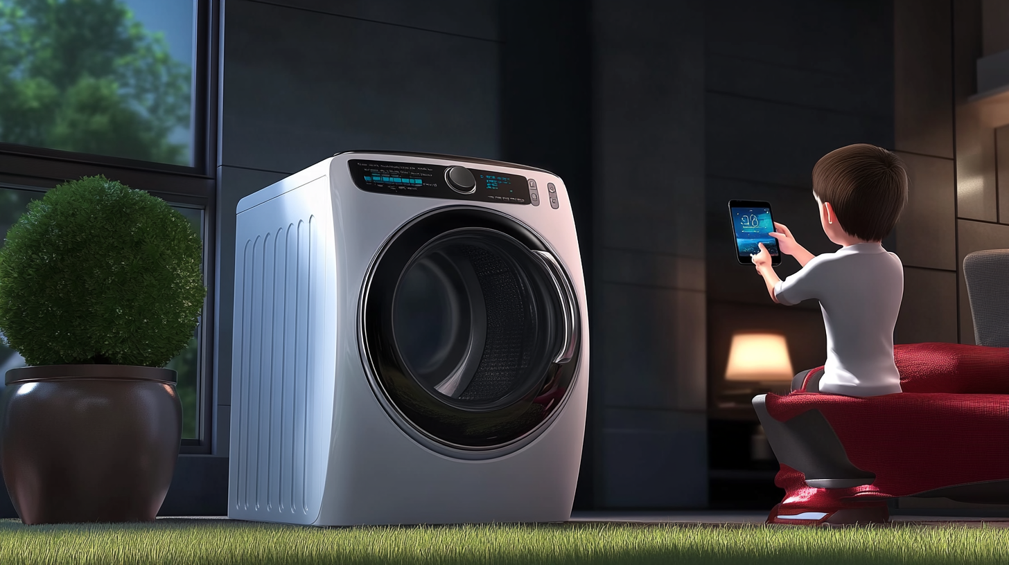 스마트폰으로 삼성 세탁기를 원격 제어하는 사용자의 모습을 묘사하여 현대적인 라이프스타일을 보여주는 장면입니다.