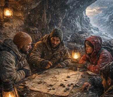 추운 환경 속에서 여러 사람이 지도를 보며 이동 경로를 상의하는 장면으로, 함께 판단하고 역할을 나누는 인간의 협력 과정을 담은 사진입니다.