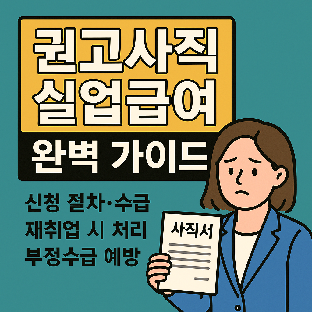 권고사직실업급여완벽가이드 문구와 사직서를 들고 있는 여성의 모습
