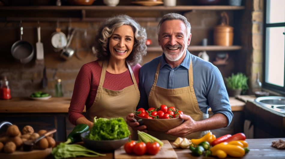 영양제가 풍부한 식품을 준비하는 40대 부부
