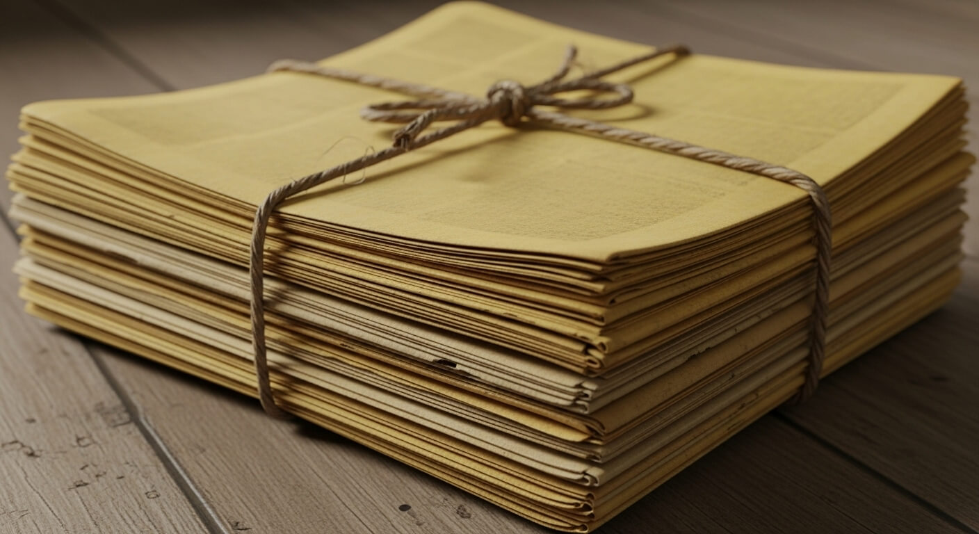 끈으로 묶인 오래된 종이 더미가 나무 바닥에 놓인 장면