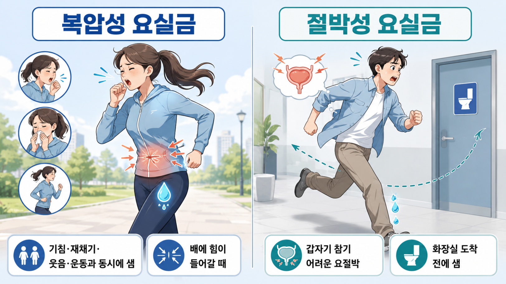 기침&middot;재채기&middot;운동과 동시에 새는 복압성 요실금과 요절박 뒤 화장실 도착 전 새는 절박성 요실금 비교
