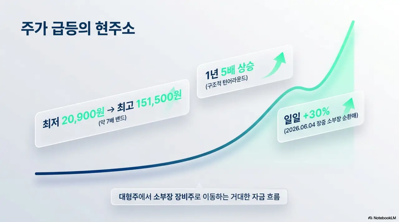 원익IPS 주가의 급등 현주소를 보여주는 그래프 이미지. 최저 20&amp;#44;900원에서 최고 151&amp;#44;500원으로 1년새 약 5배 상승했고 2026년 6월 4일에는 장중 30% 급등했음을 표시하며&amp;#44; 대형주에서 소부장 장비주로 이동하는 자금 흐름을 시각적으로 전달함. 블로그의 원익IPS 주가 급등 이유와 관련된 내용을 설명함 
