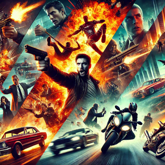 역동적인 액션 요소가 강조된 이미지. 강렬한 색감과 하이 콘트라스트