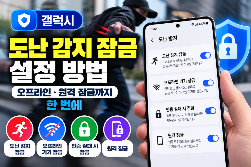 갤럭시 도난 감지 잠금과 오프라인 기기 잠금을 설정하는 모습