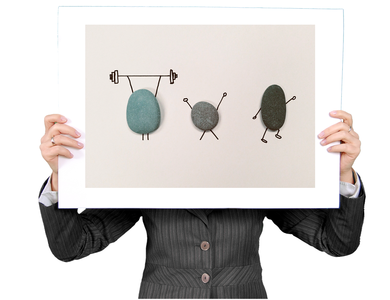 돌멩이 캐릭터들이 운동하는 모습으로 표현된 창의적 일러스트 — 자동수익과 성장의 상징