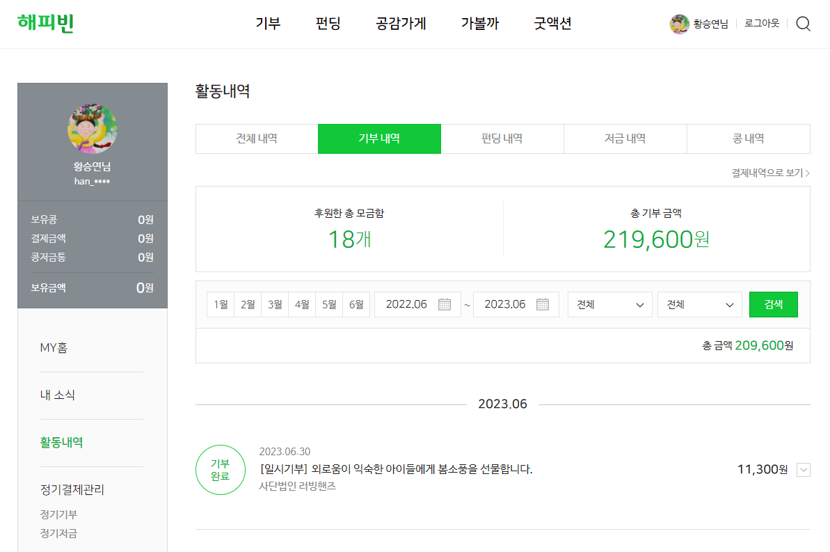 그동안 후원활동 내역 인증샷입니다. 총 18개 모금함에 219,600원을 후원하였습니다.