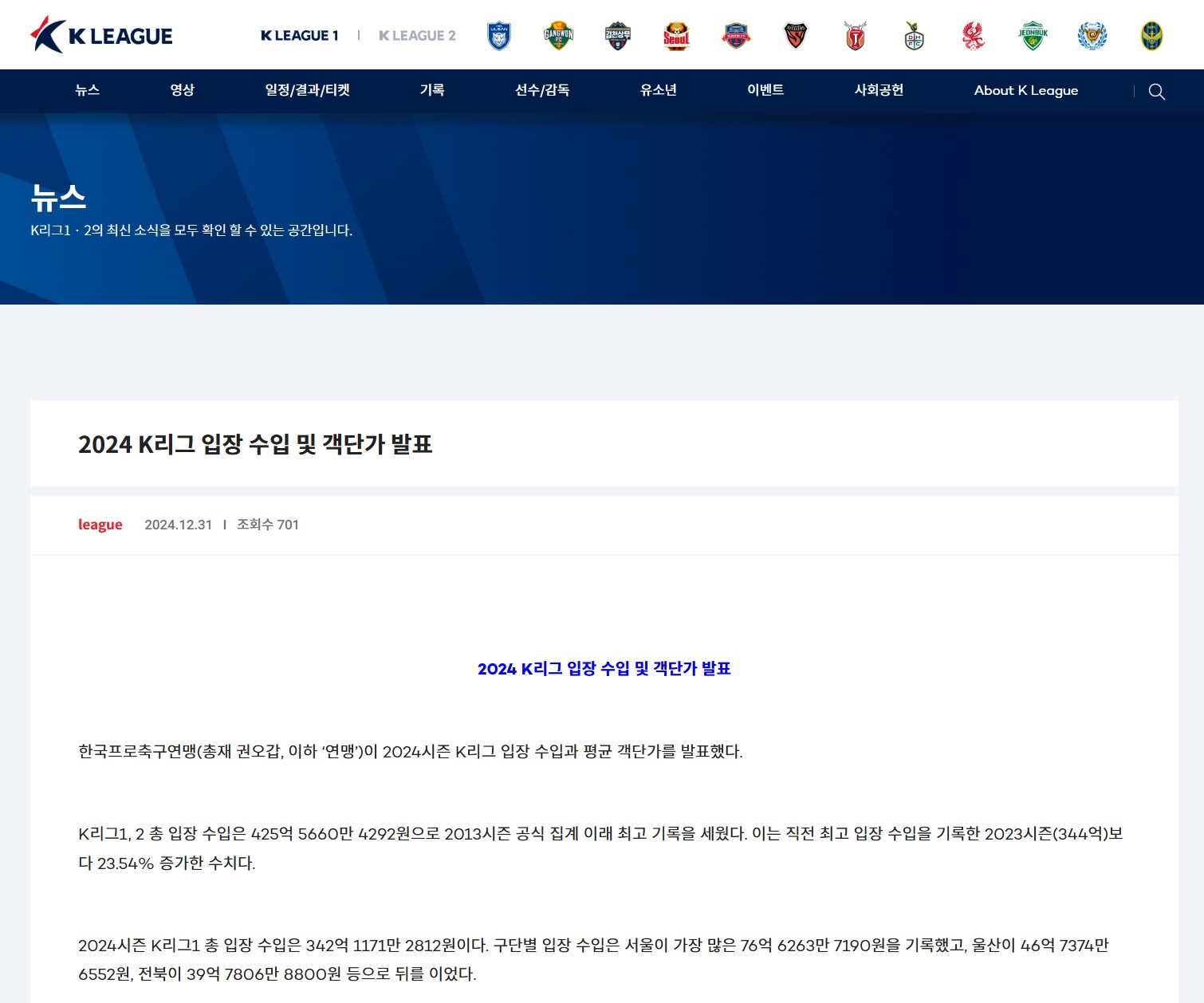 K리그 425억원 달성