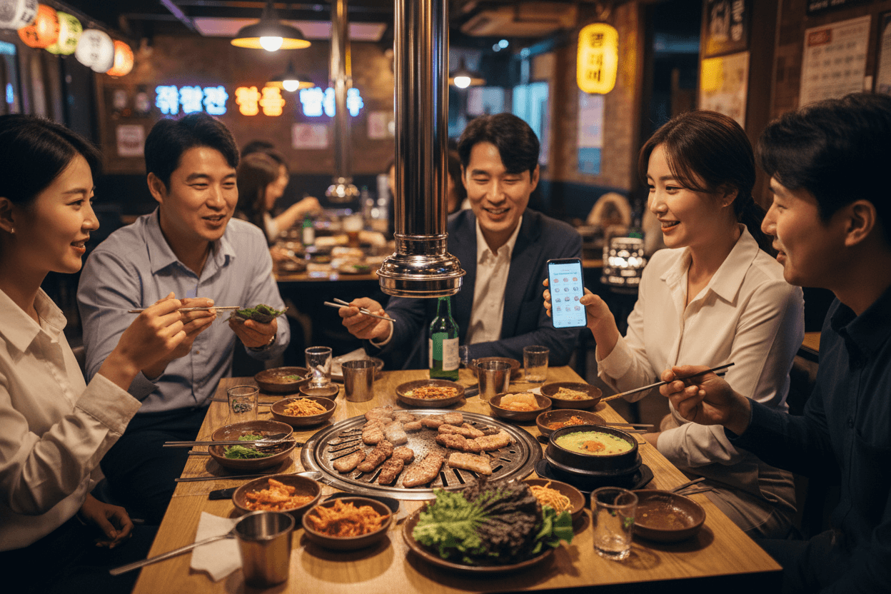 회식 자리 고깃집에서 한국인 직장인들이 둘러앉아 있고, 한 여성 직장인은 물을 마시며 스마트폰 속 식단 계획을 확인하는 모습으로 회식과 건강 관리를 함께 표현한 이미지