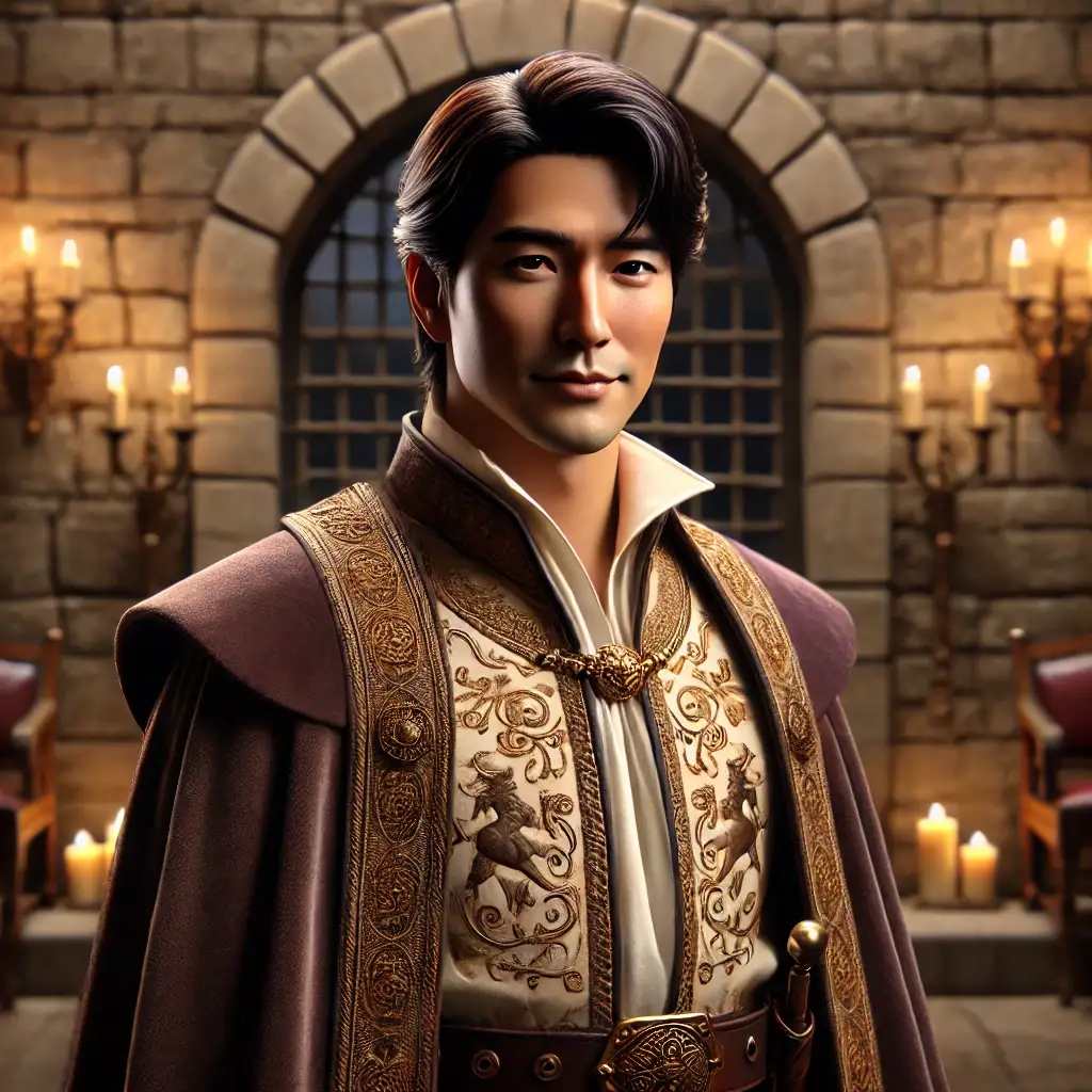 중세 귀족 의상을 입고 단정한 포즈를 취하는 중년 캐릭터 러이더의 3D 디지털 일러스트