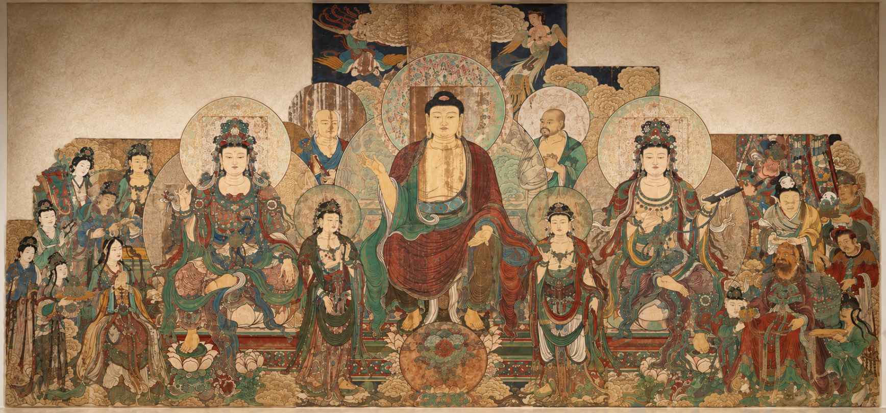 로열 온타리오 박물관 소장 원나라 불교 벽화 미륵의 정토, 중앙의 미륵불과 양옆의 보살 및 수행자