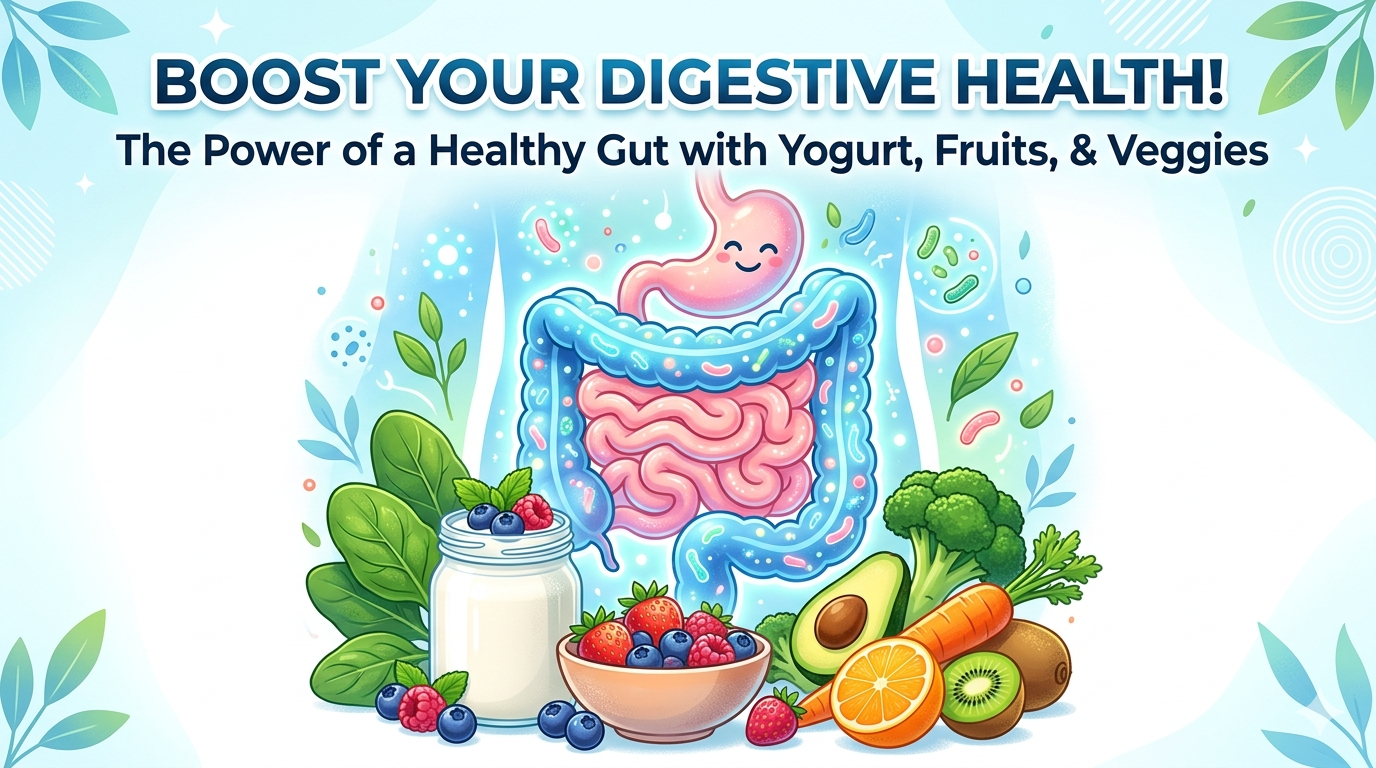 healthy gut illustration with yogurt, vegetables, and fruits, symbolizing digestive health