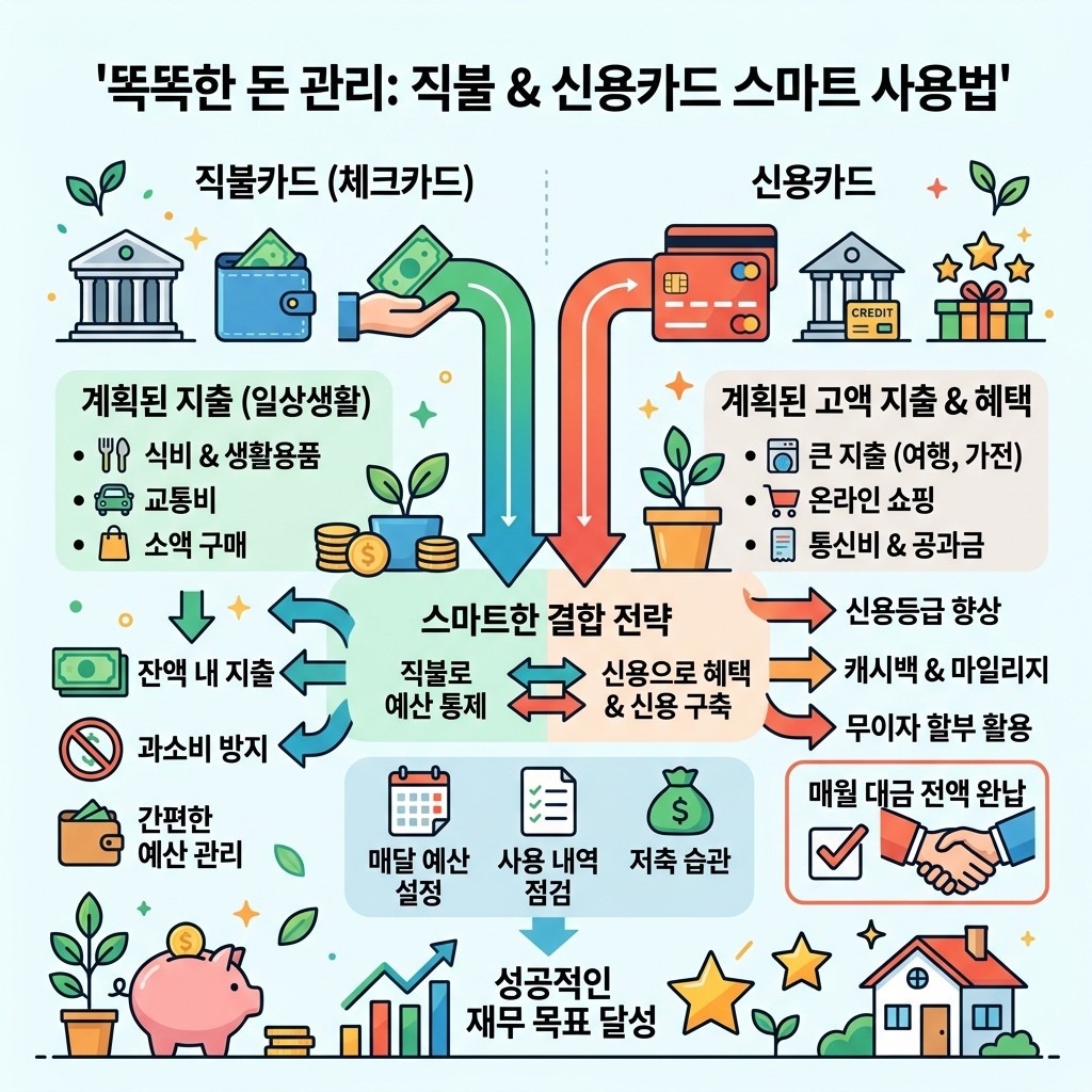 체크카드와 신용카드 병행 사용 전략 인포그래픽