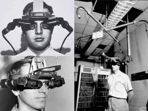 이반 서덜랜드 3D 고글, 3d 디스플레이, 남자가 3차원 디스플레이를 쓰고 있는 흑백 사진
