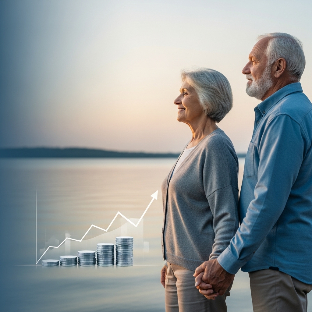 노을 지는 호수를 바라보며 손을 잡고 미소 짓는 은퇴 부부의 모습, 안정적인 퇴직연금 수령으로 평화로운 노후를 보내는 장면