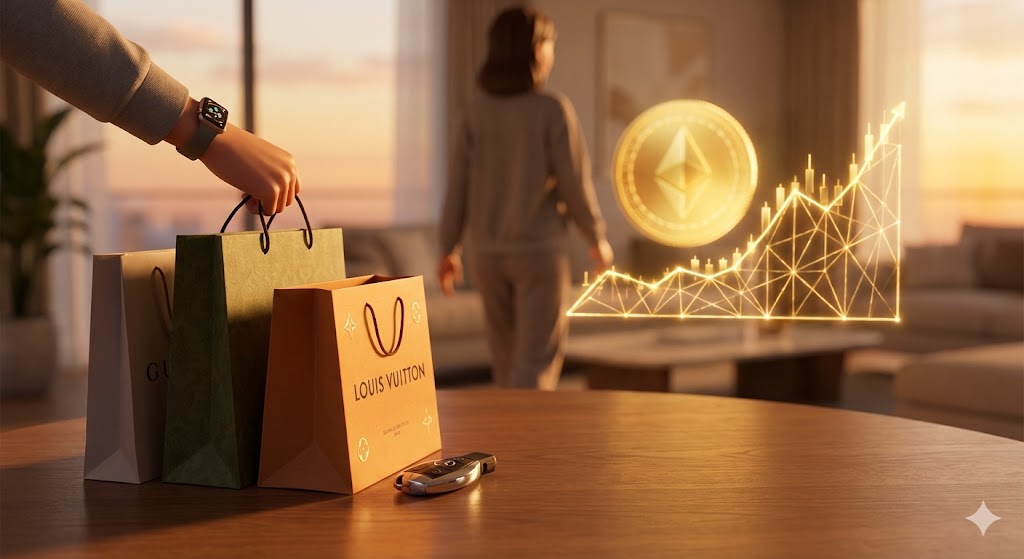 명품 가방과 자동차 열쇠를 내려놓고, 황금 코인과 상승하는 복리 그래프를 향해 걸어가는 투자자의 상징적인 뒷모습