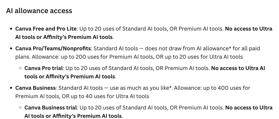 캔바 도움말 AI allowance access, Canva Free는 Standard 또는 Premium AI 도구를 최대 20회 사용