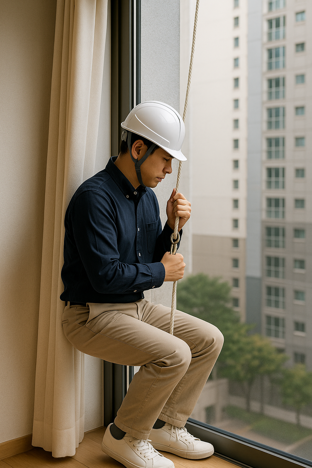창가에서 몸을 벽에 가깝게 붙이고 손으로 벽을 짚으며 천천히 하강하는 올바른 자세