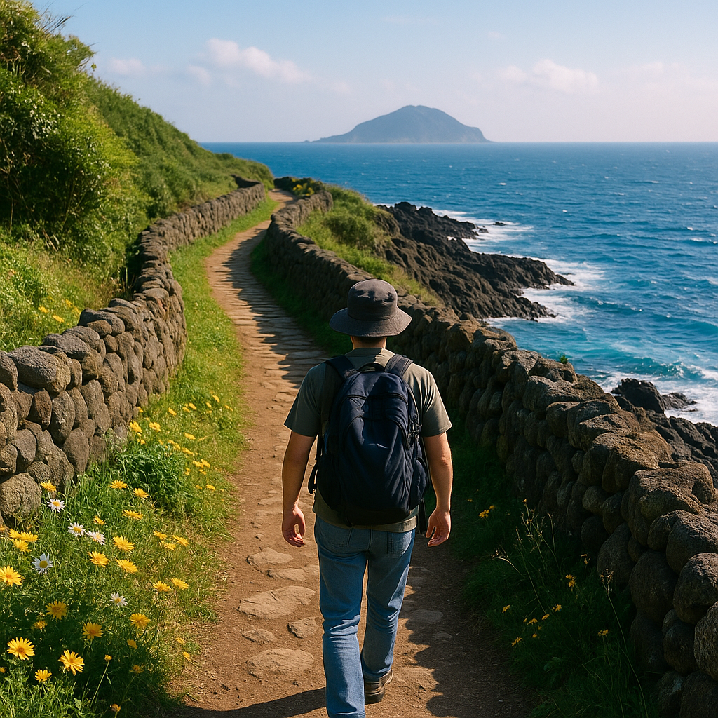 따스한 아침 햇살을 받으며 제주 올레길 7코스의 돌담길을 따라 바다를 바라보며 걷는 등산객의 뒷모습