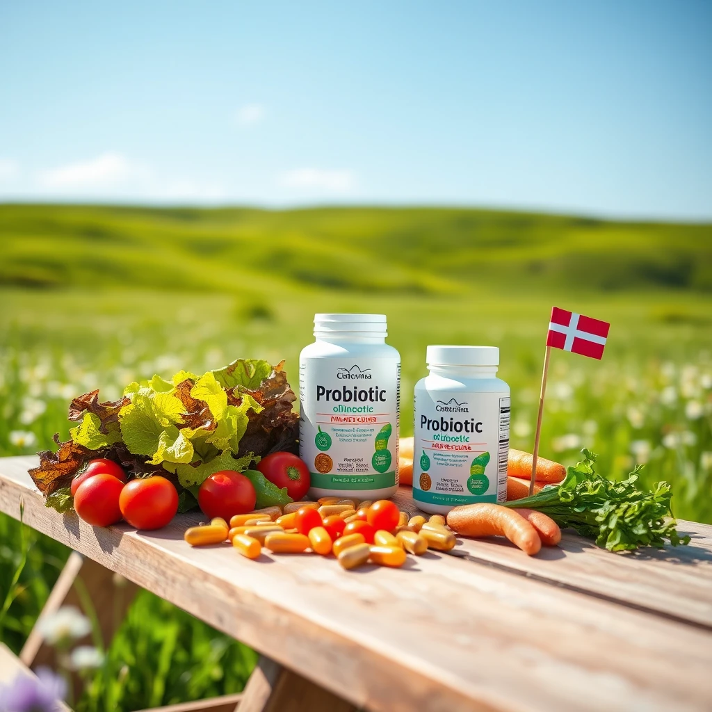 덴마크 국기가 꽂힌 유산균 캡슐 통과 들판 배경