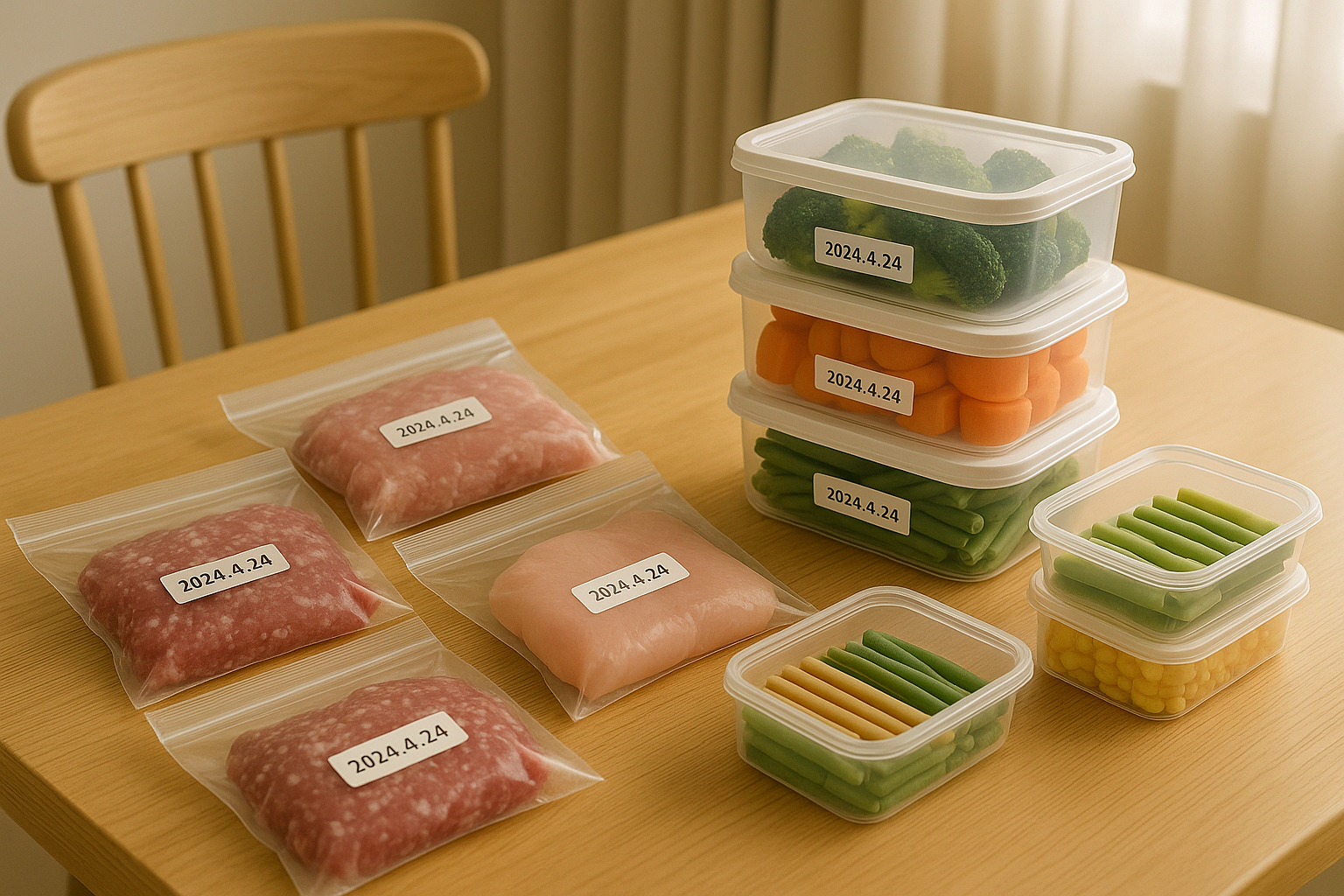 지퍼백과 밀폐 용기에 소분·라벨링된 식재료