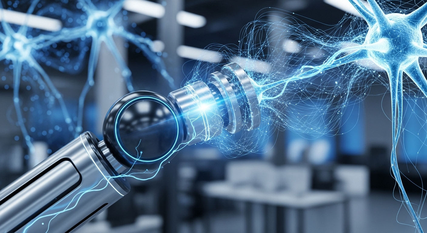 AI와 로봇 공학의 시너지를 보여주는 추상적인 이미지: 인공지능 신경망과 로봇 팔의 정교한 결합