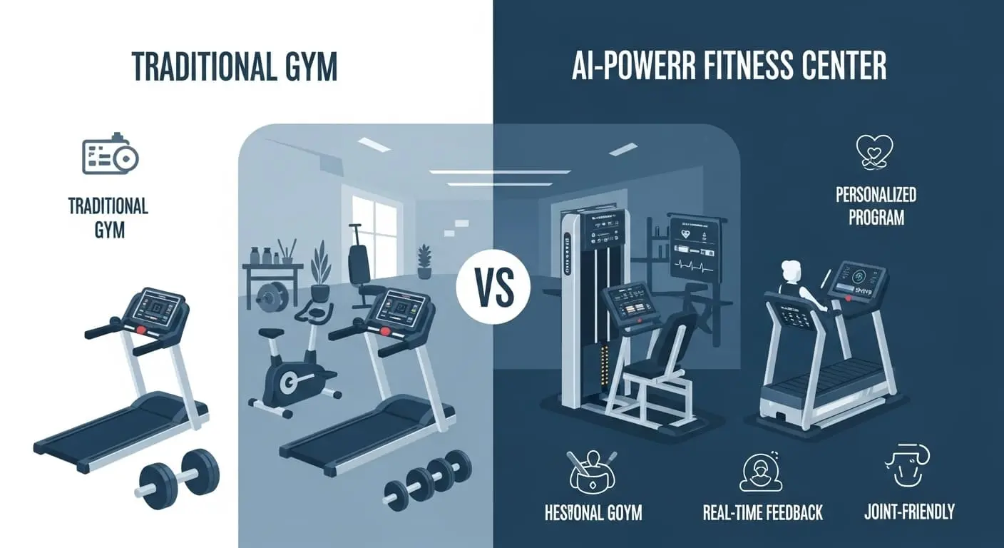 기존 시니어 헬스장과 AI 피트니스 센터의 차이점을 설명하는 인포그래픽. AI 피트니스 센터는 개인 맞춤형 운동과 실시간 피드백 기능을 강조한다.