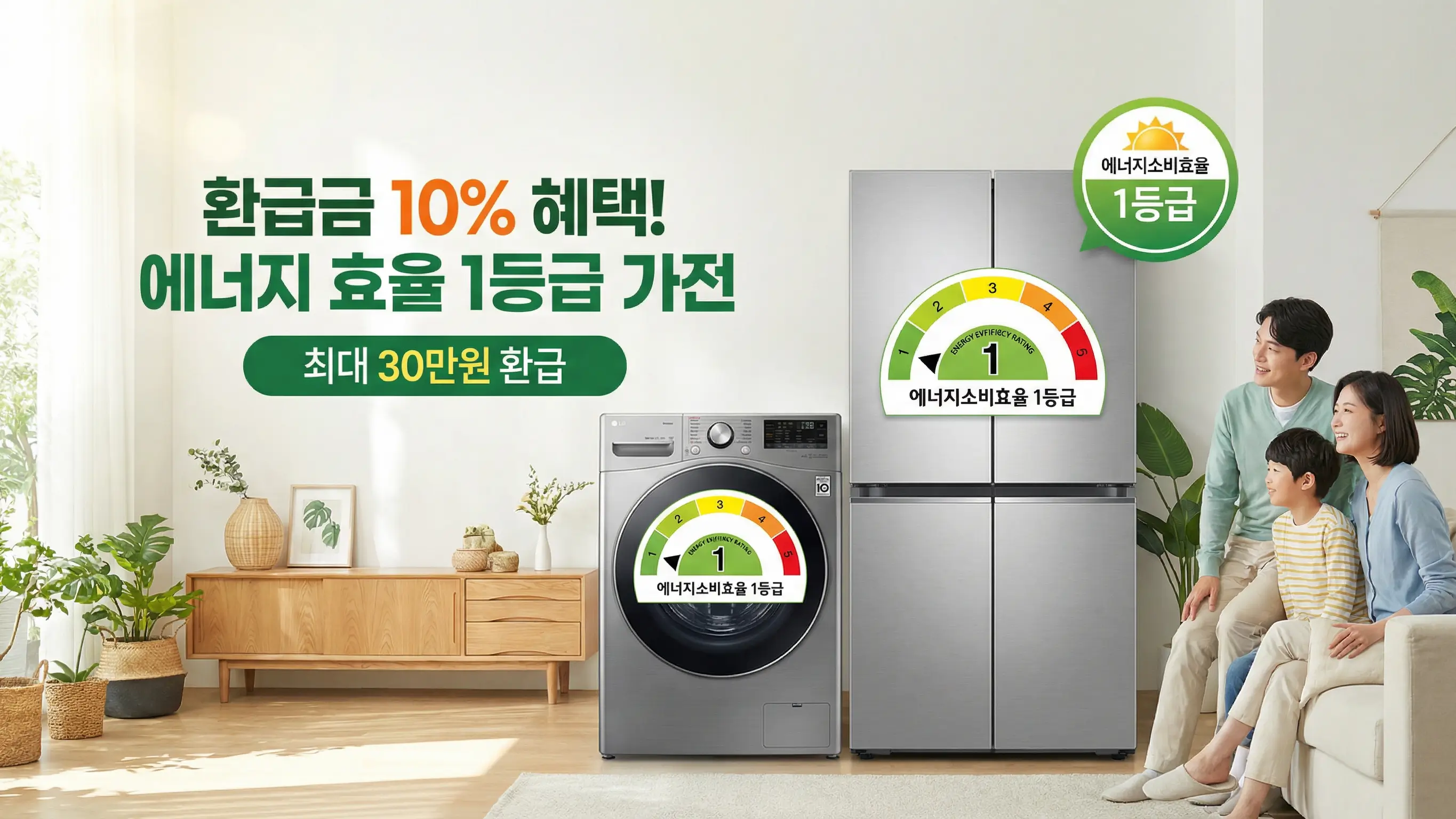 에너지 소비 효율 1등급 라벨이 붙은 최신 가전제품들(세탁기, 냉장고)과 환급금 10% 혜택을 강조하는 이미지