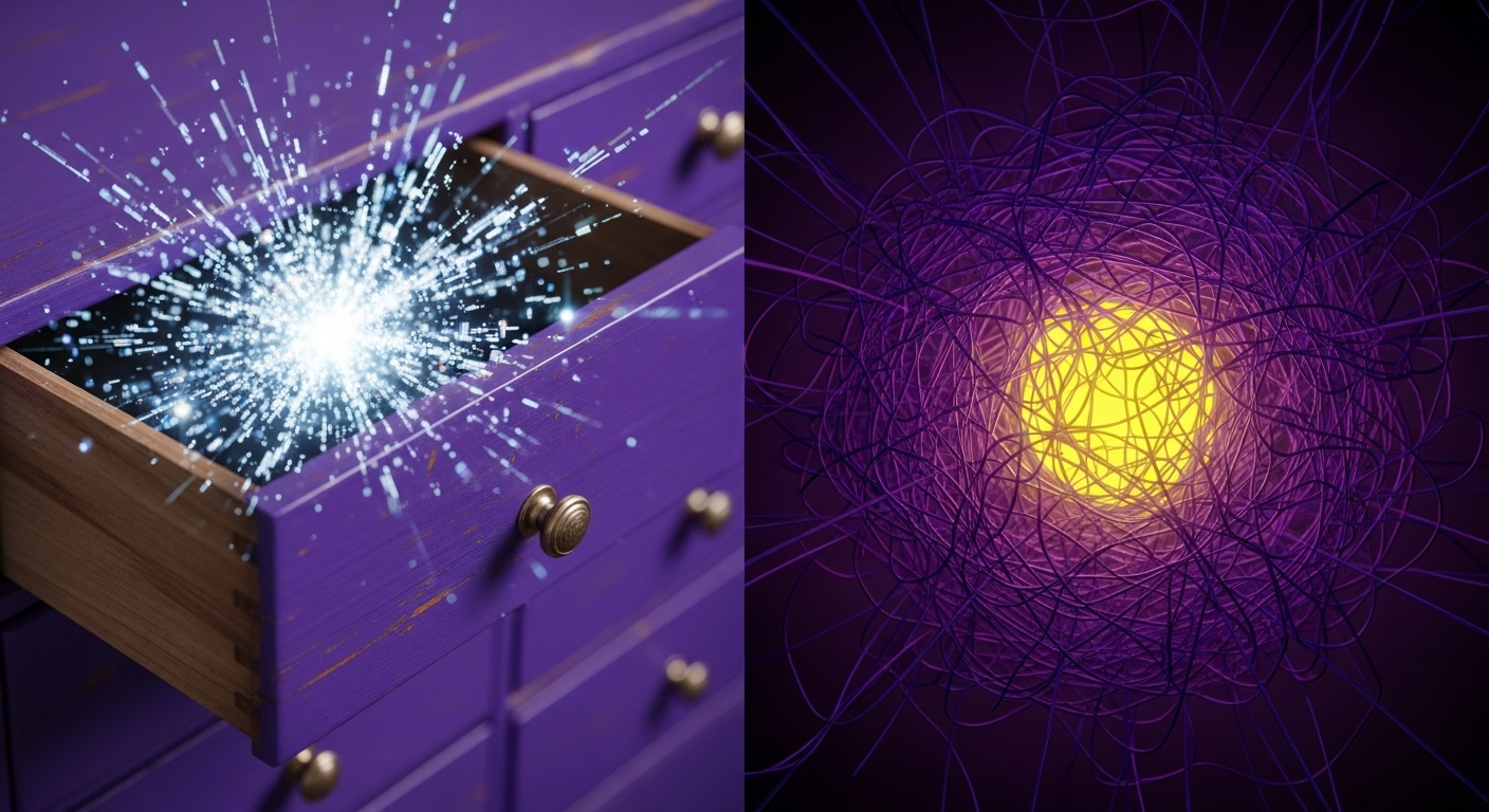 앤티크한 보라색(Royal Purple) 톤의 나무 서랍장이 있고, 한 서랍이 열려 그 안에 빛나는 데이터 조각(정보)들이 담겨 있는 모습 (知る). 그 옆에는 같은 보라색 톤의 배경에 복잡한 실타래가 있는데, 그 중심에서 밝은 노란색 빛이 퍼져 나오며 실타래를 환하게 밝히는 모습 (分かる).