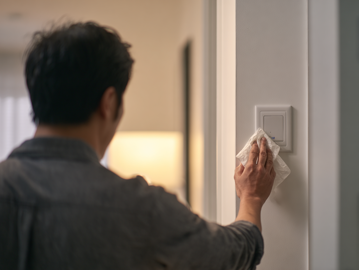 가족 간 전염을 막기 위한 문 손잡이 및 조명 스위치 알코올 소독