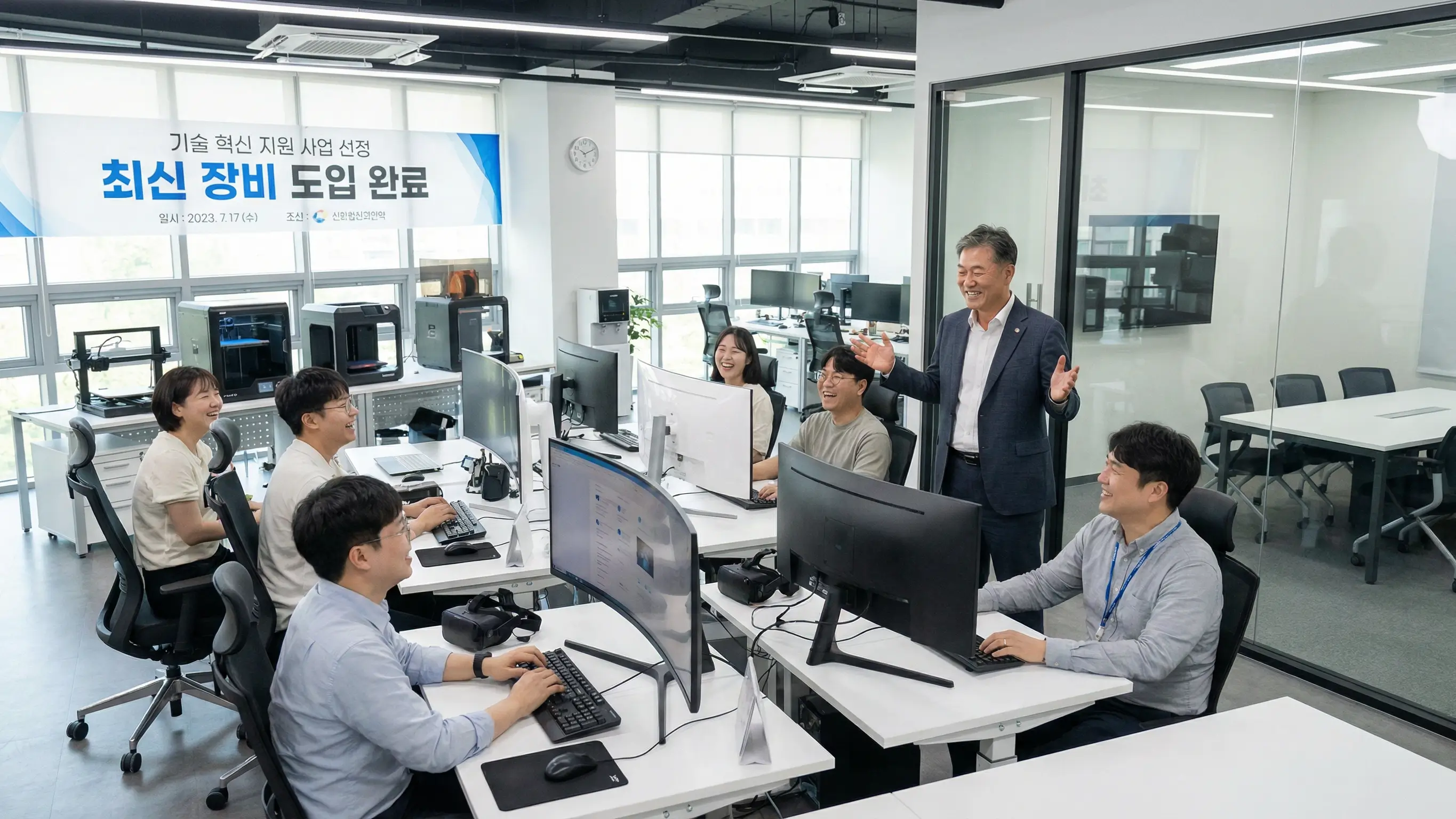 지원금을 받아 최신 장비를 갖추고 활기차게 일하는 직원들과 만족해하는 CEO의 모습