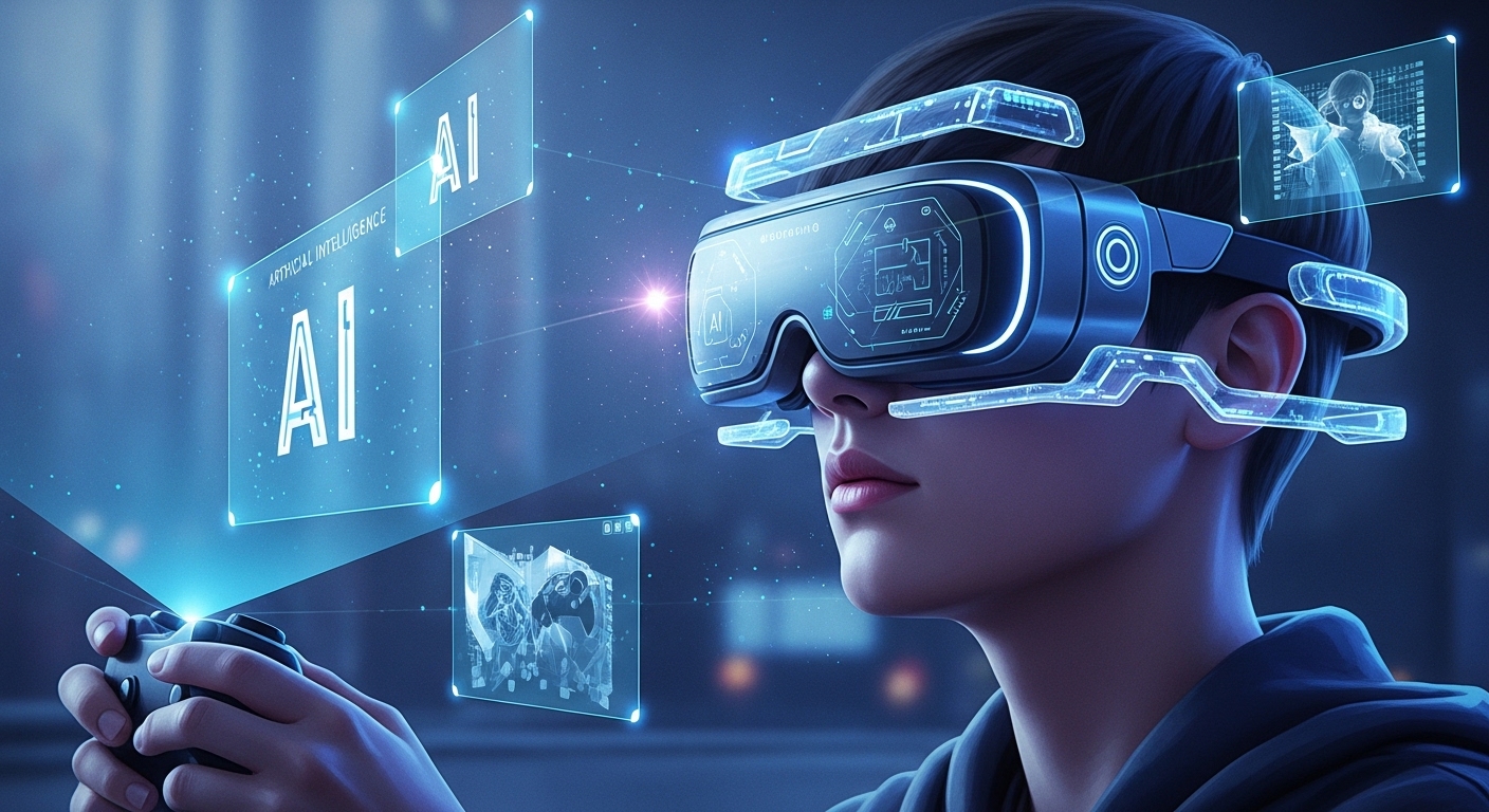 AI 기술과 확장현실(XR)이 클라우드 게이밍과 융합되어 몰입감 넘치는 미래 게임 경험을 제공하는 모습