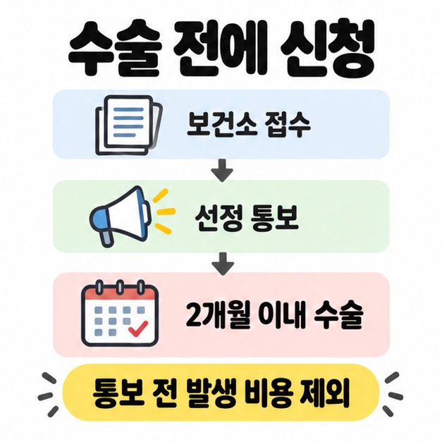 보건소 접수와 선정 통보, 2개월 이내 수술의 흐름과 통보 전 발생 비용 제외를 안내한 도식